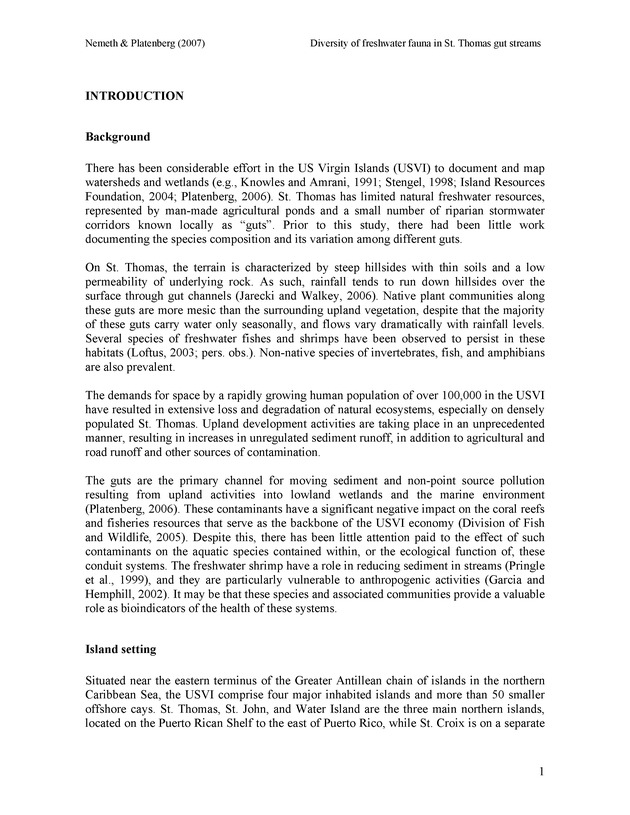 Diversity of freshwater fish and crustaceans of St. Thomas watersheds and its relationship to water quality as affected by residential and commercial development - Page 1