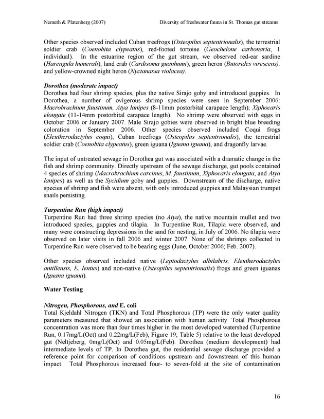 Diversity of freshwater fish and crustaceans of St. Thomas watersheds and its relationship to water quality as affected by residential and commercial development - Page 16