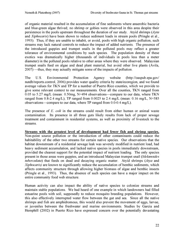 Diversity of freshwater fish and crustaceans of St. Thomas watersheds and its relationship to water quality as affected by residential and commercial development - Page 22