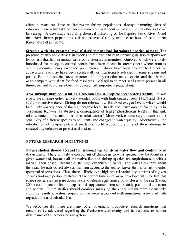 Diversity of freshwater fish and crustaceans of St. Thomas watersheds and its relationship to water quality as affected by residential and commercial development - Page 23