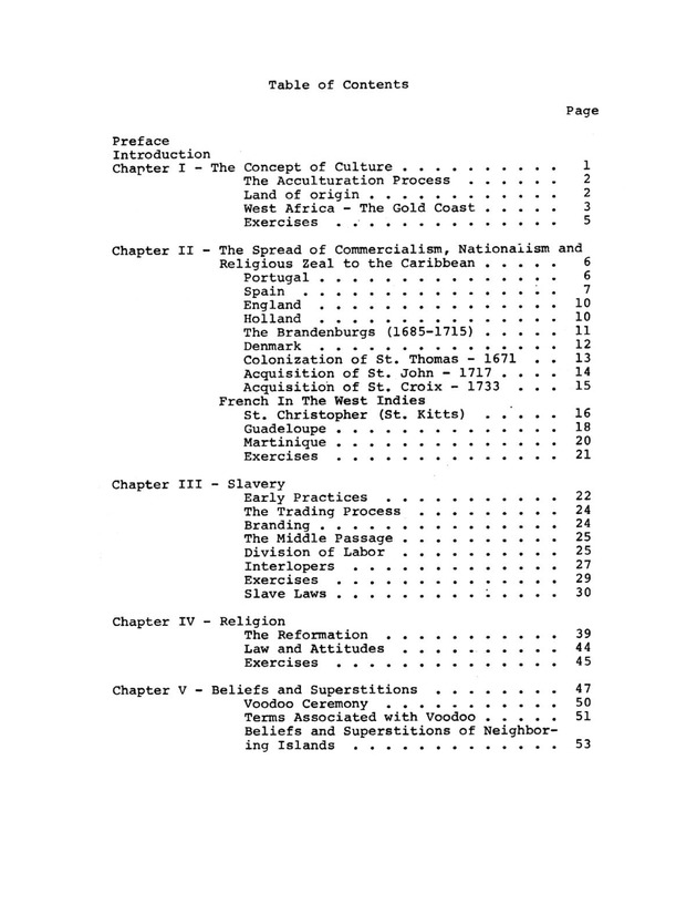 European and African Influences on the Culture of the Virgin Islands - Table of Contents 1