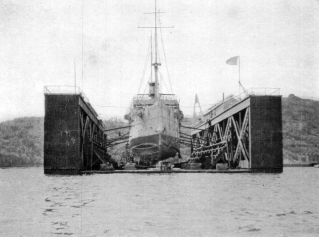 U.S.S. Itasca [naval vessel] in the floating dock, St. Thomas