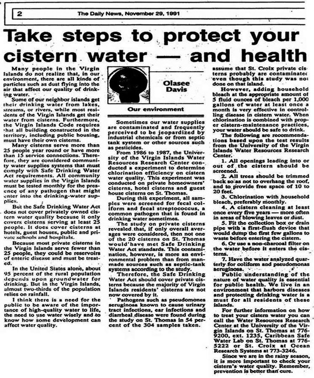 Take steps to protect your cistern water - and health (November 29, 1991)