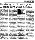 From burning beans to ancient games At reader's urging, Wahree is explained