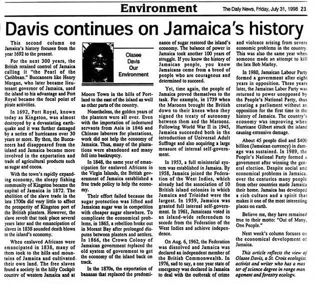 Davis continues on Jamaica's history