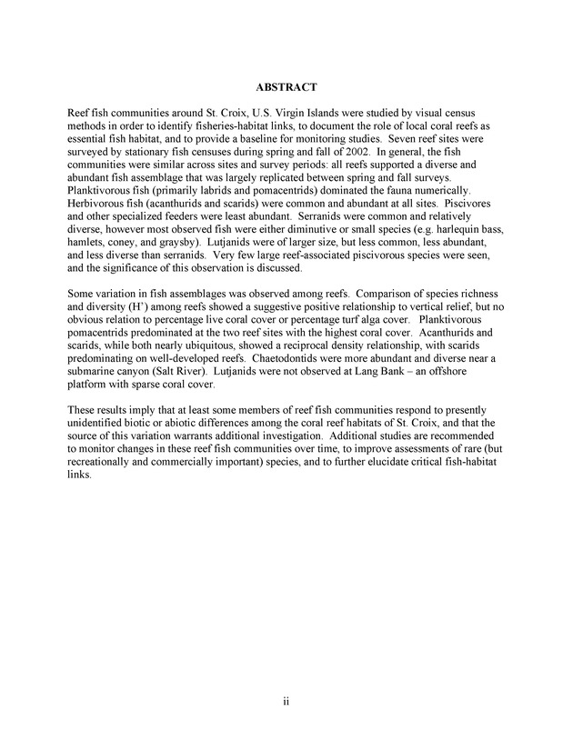 Quantitative estimates of species composition and abundance of fishes, and fish species/habitat associations in St. Croix, U.S. Virgin Islands - Page ii