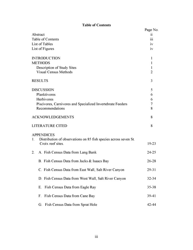 Quantitative estimates of species composition and abundance of fishes, and fish species/habitat associations in St. Croix, U.S. Virgin Islands - Page iii