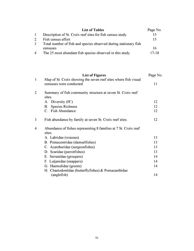 Quantitative estimates of species composition and abundance of fishes, and fish species/habitat associations in St. Croix, U.S. Virgin Islands - Page iv