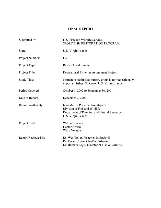 Nearshore habitats as nursery grounds for recreationally important fishes, St. Croix, U.S. Virgin Islands - Page 1