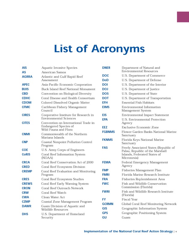 Implementation of the National Coral Reef Action Strategy : report to Congress - Page v