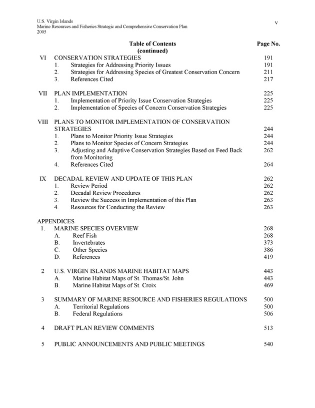 United States Virgin Islands Marine Resources and Fisheries strategic and comprehensive conservation plan - Page v