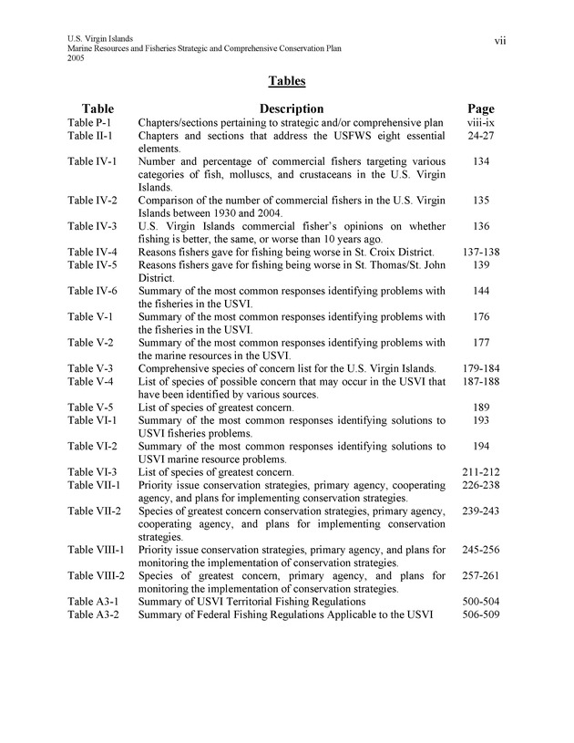 United States Virgin Islands Marine Resources and Fisheries strategic and comprehensive conservation plan - Page vii