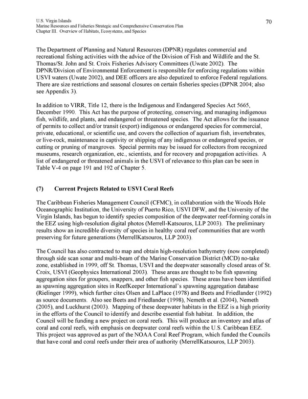 United States Virgin Islands Marine Resources and Fisheries strategic and comprehensive conservation plan - Page 70