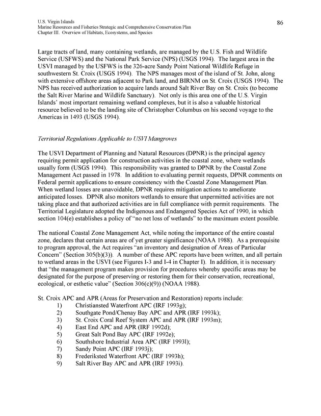 United States Virgin Islands Marine Resources and Fisheries strategic and comprehensive conservation plan - Page 86