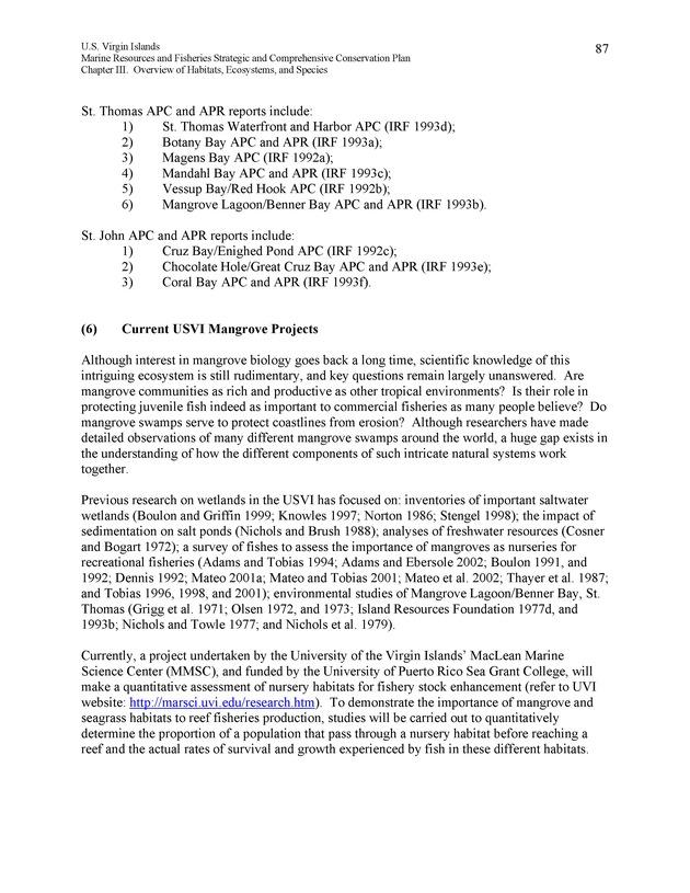 United States Virgin Islands Marine Resources and Fisheries strategic and comprehensive conservation plan - Page 87