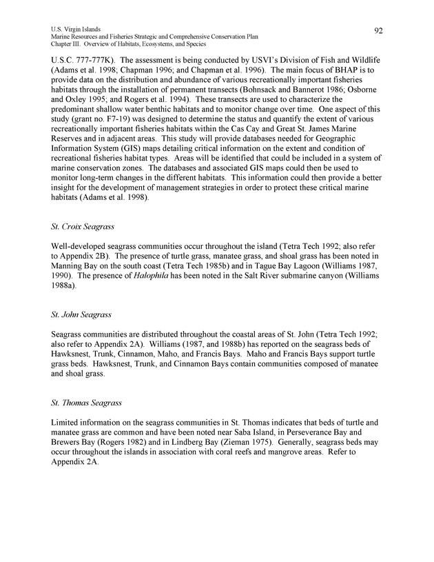 United States Virgin Islands Marine Resources and Fisheries strategic and comprehensive conservation plan - Page 92