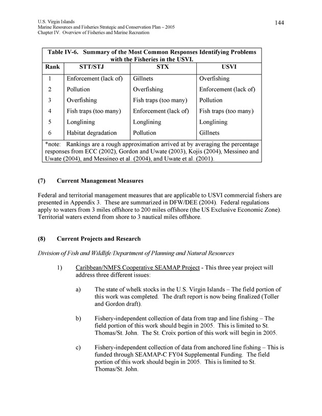 United States Virgin Islands Marine Resources and Fisheries strategic and comprehensive conservation plan - Page 144