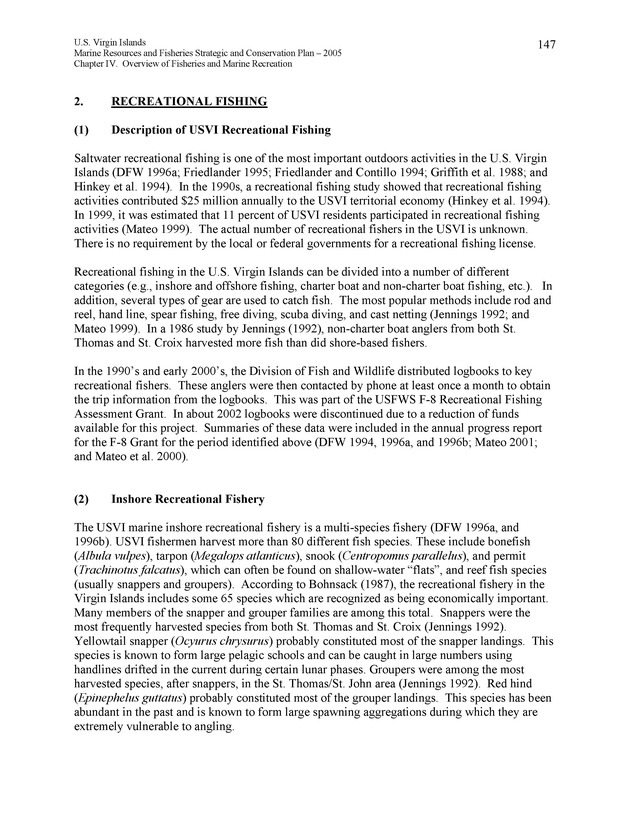 United States Virgin Islands Marine Resources and Fisheries strategic and comprehensive conservation plan - Page 147