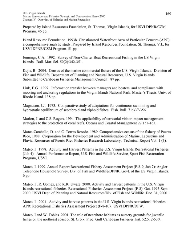 United States Virgin Islands Marine Resources and Fisheries strategic and comprehensive conservation plan - Page 169