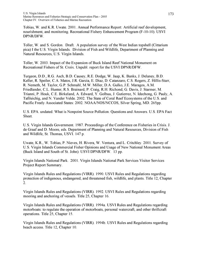 United States Virgin Islands Marine Resources and Fisheries strategic and comprehensive conservation plan - Page 173