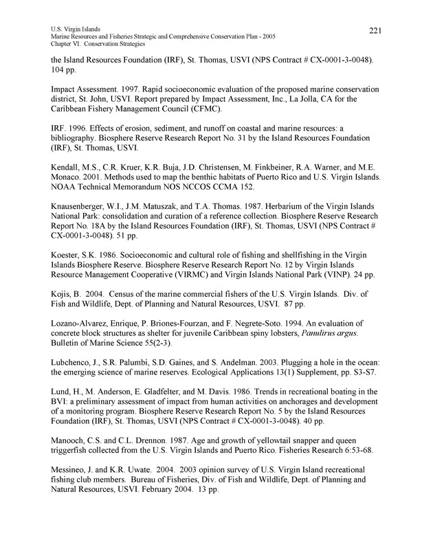 United States Virgin Islands Marine Resources and Fisheries strategic and comprehensive conservation plan - Page 221