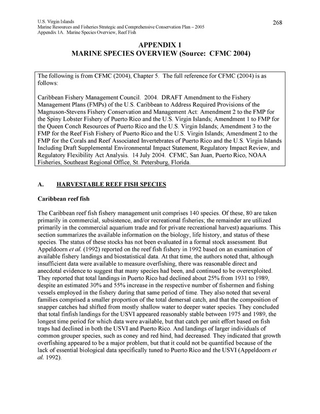 United States Virgin Islands Marine Resources and Fisheries strategic and comprehensive conservation plan - Page 268