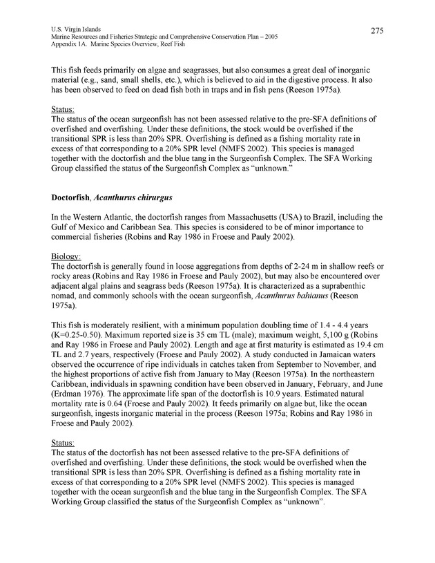 United States Virgin Islands Marine Resources and Fisheries strategic and comprehensive conservation plan - Page 275