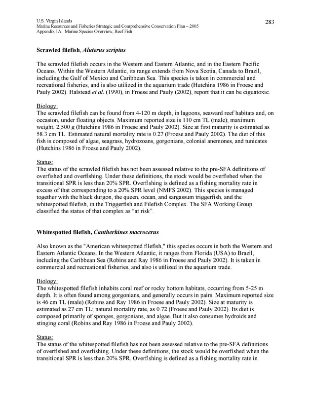 United States Virgin Islands Marine Resources and Fisheries strategic and comprehensive conservation plan - Page 283