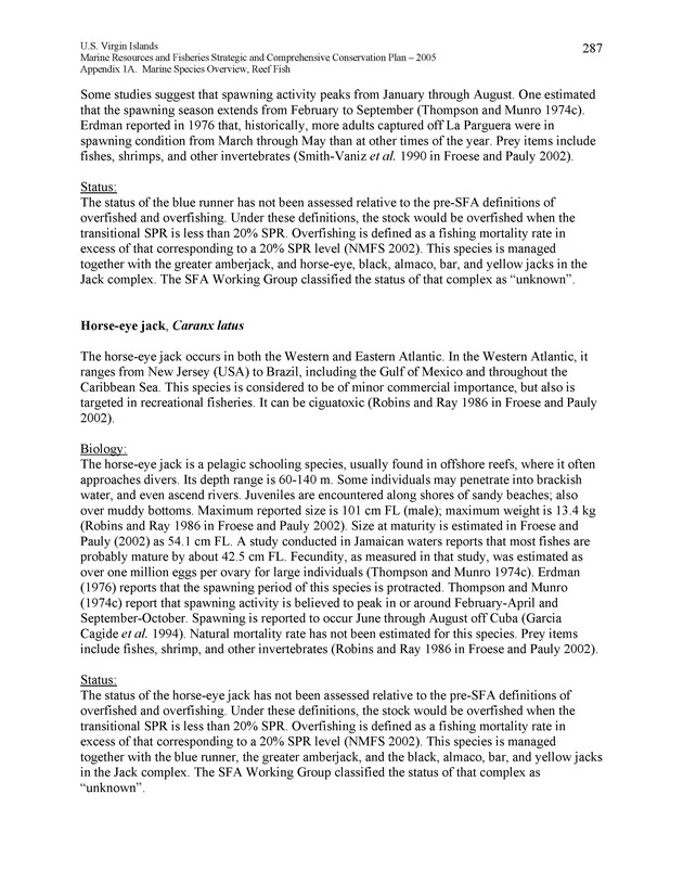 United States Virgin Islands Marine Resources and Fisheries strategic and comprehensive conservation plan - Page 287