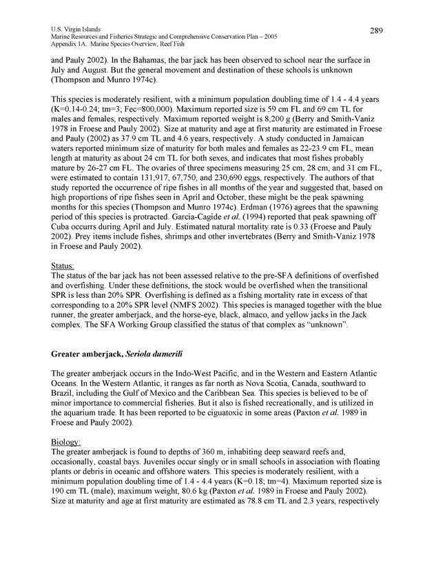 United States Virgin Islands Marine Resources and Fisheries strategic and comprehensive conservation plan - Page 289