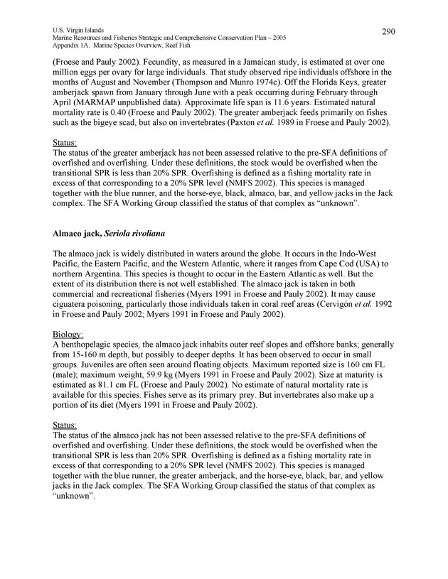 United States Virgin Islands Marine Resources and Fisheries strategic and comprehensive conservation plan - Page 290