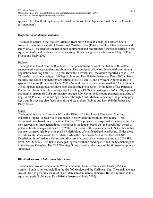 United States Virgin Islands Marine Resources and Fisheries strategic and comprehensive conservation plan - Page 311