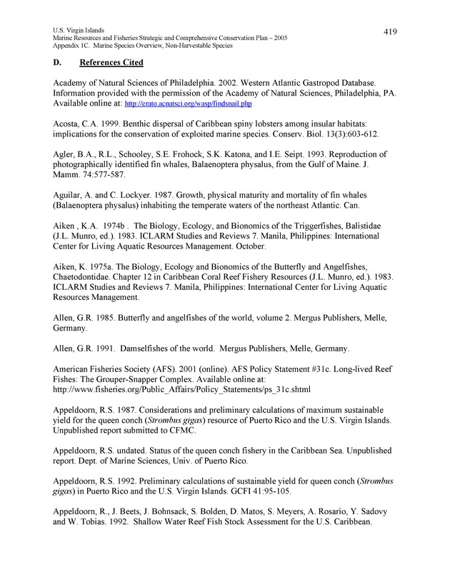 United States Virgin Islands Marine Resources and Fisheries strategic and comprehensive conservation plan - Page 419