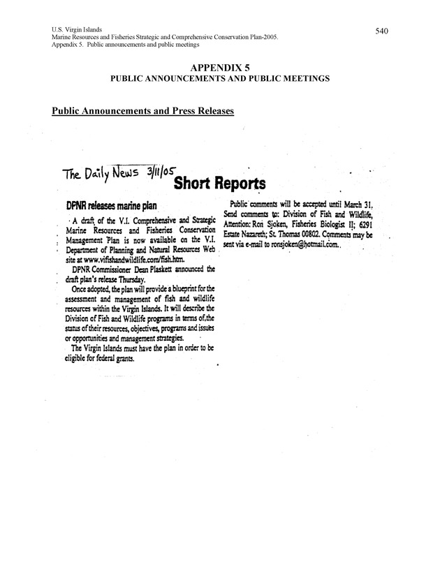 United States Virgin Islands Marine Resources and Fisheries strategic and comprehensive conservation plan - Page 540