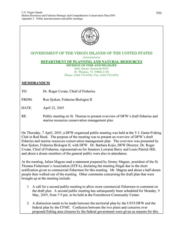 United States Virgin Islands Marine Resources and Fisheries strategic and comprehensive conservation plan - Page 550