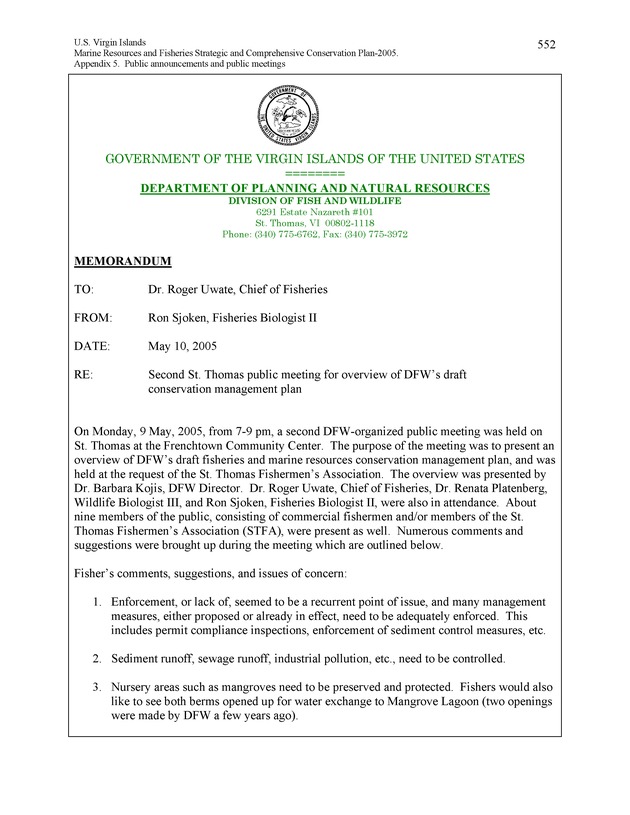 United States Virgin Islands Marine Resources and Fisheries strategic and comprehensive conservation plan - Page 552