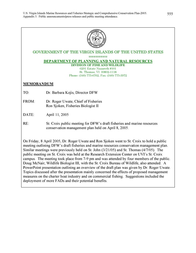 United States Virgin Islands Marine Resources and Fisheries strategic and comprehensive conservation plan - Page 555