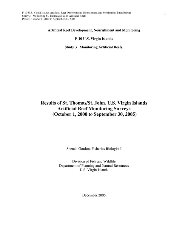 Results of St. Thomas/St. John, U.S. Virgin Islands artificial reef monitoring surveys (October 1, 2000 to September 30, 2005) - Page 1