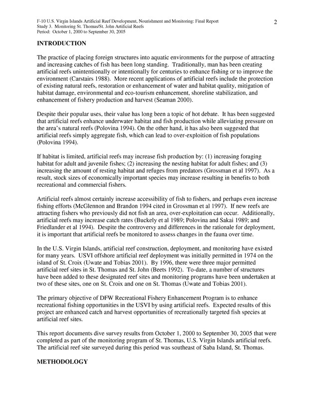 Results of St. Thomas/St. John, U.S. Virgin Islands artificial reef monitoring surveys (October 1, 2000 to September 30, 2005) - Page 2