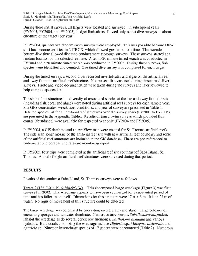 Results of St. Thomas/St. John, U.S. Virgin Islands artificial reef monitoring surveys (October 1, 2000 to September 30, 2005) - Page 4