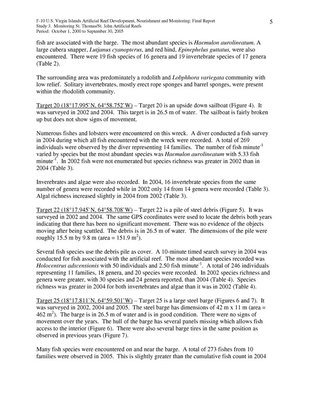 Results of St. Thomas/St. John, U.S. Virgin Islands artificial reef monitoring surveys (October 1, 2000 to September 30, 2005) - Page 5