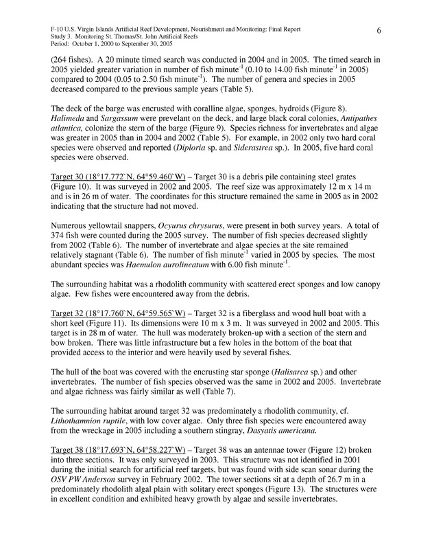 Results of St. Thomas/St. John, U.S. Virgin Islands artificial reef monitoring surveys (October 1, 2000 to September 30, 2005) - Page 6