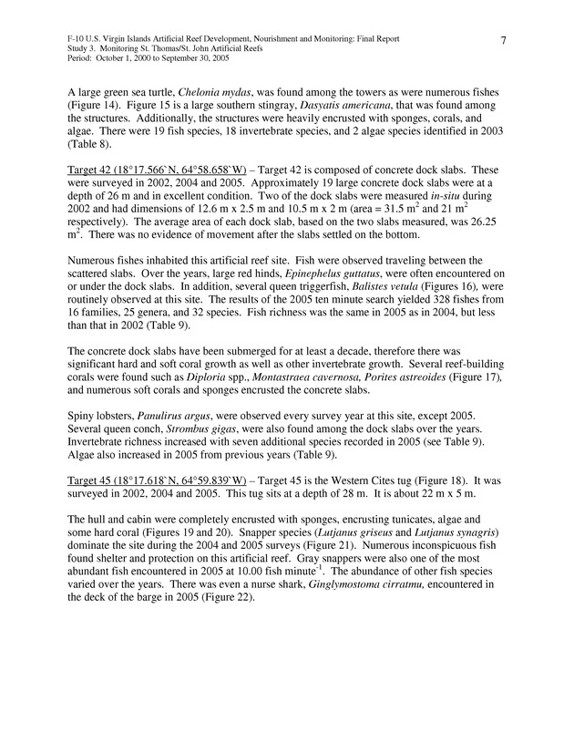 Results of St. Thomas/St. John, U.S. Virgin Islands artificial reef monitoring surveys (October 1, 2000 to September 30, 2005) - Page 7