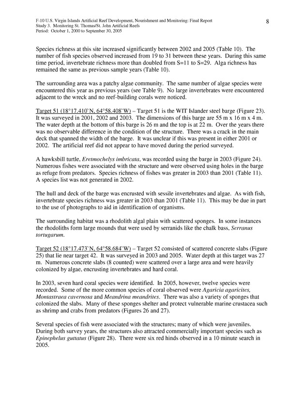 Results of St. Thomas/St. John, U.S. Virgin Islands artificial reef monitoring surveys (October 1, 2000 to September 30, 2005) - Page 8