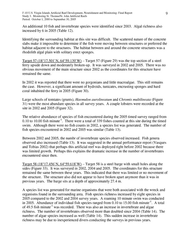 Results of St. Thomas/St. John, U.S. Virgin Islands artificial reef monitoring surveys (October 1, 2000 to September 30, 2005) - Page 9