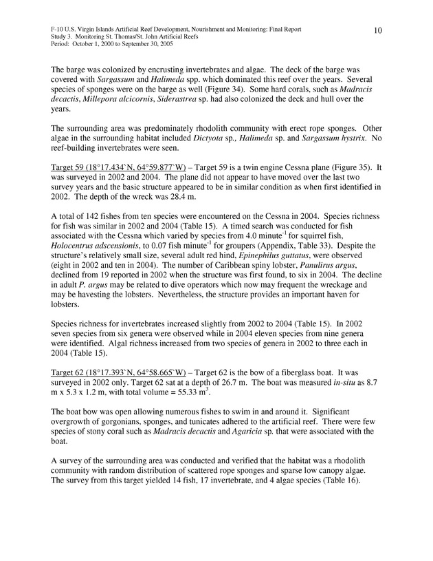 Results of St. Thomas/St. John, U.S. Virgin Islands artificial reef monitoring surveys (October 1, 2000 to September 30, 2005) - Page 10