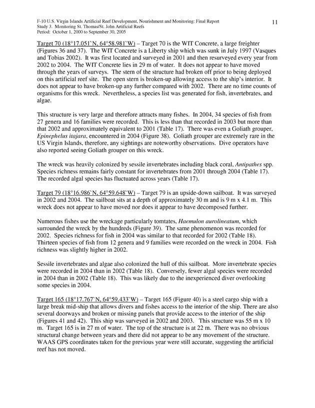 Results of St. Thomas/St. John, U.S. Virgin Islands artificial reef monitoring surveys (October 1, 2000 to September 30, 2005) - Page 11