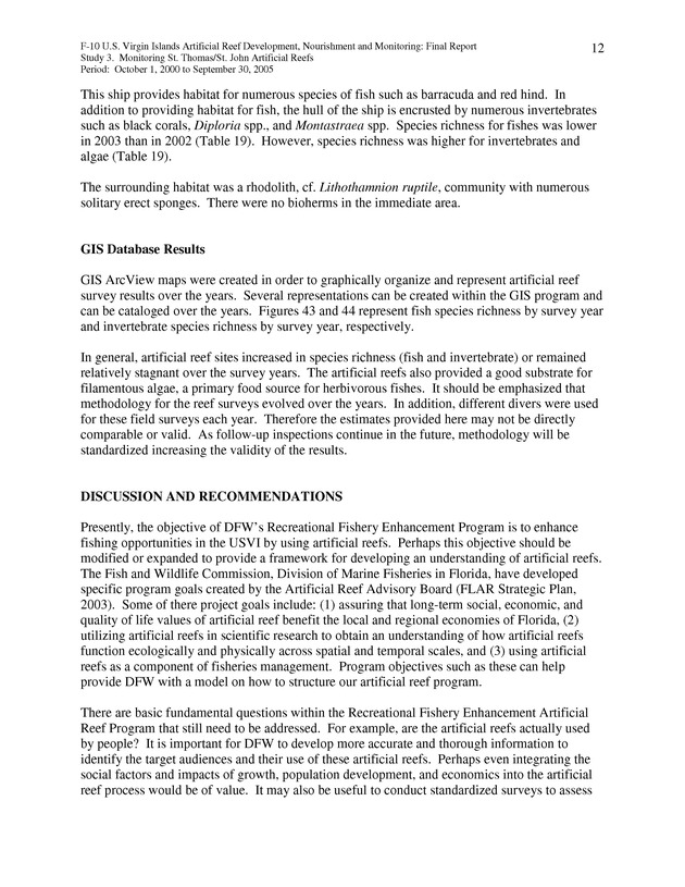 Results of St. Thomas/St. John, U.S. Virgin Islands artificial reef monitoring surveys (October 1, 2000 to September 30, 2005) - Page 12