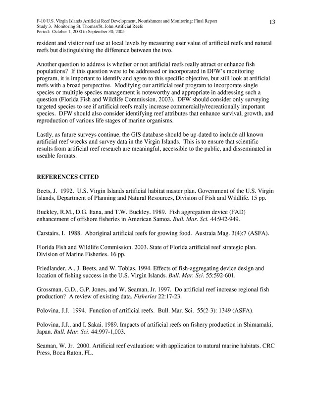 Results of St. Thomas/St. John, U.S. Virgin Islands artificial reef monitoring surveys (October 1, 2000 to September 30, 2005) - Page 13