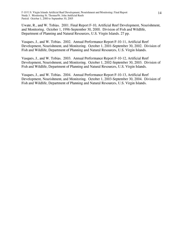 Results of St. Thomas/St. John, U.S. Virgin Islands artificial reef monitoring surveys (October 1, 2000 to September 30, 2005) - Page 14